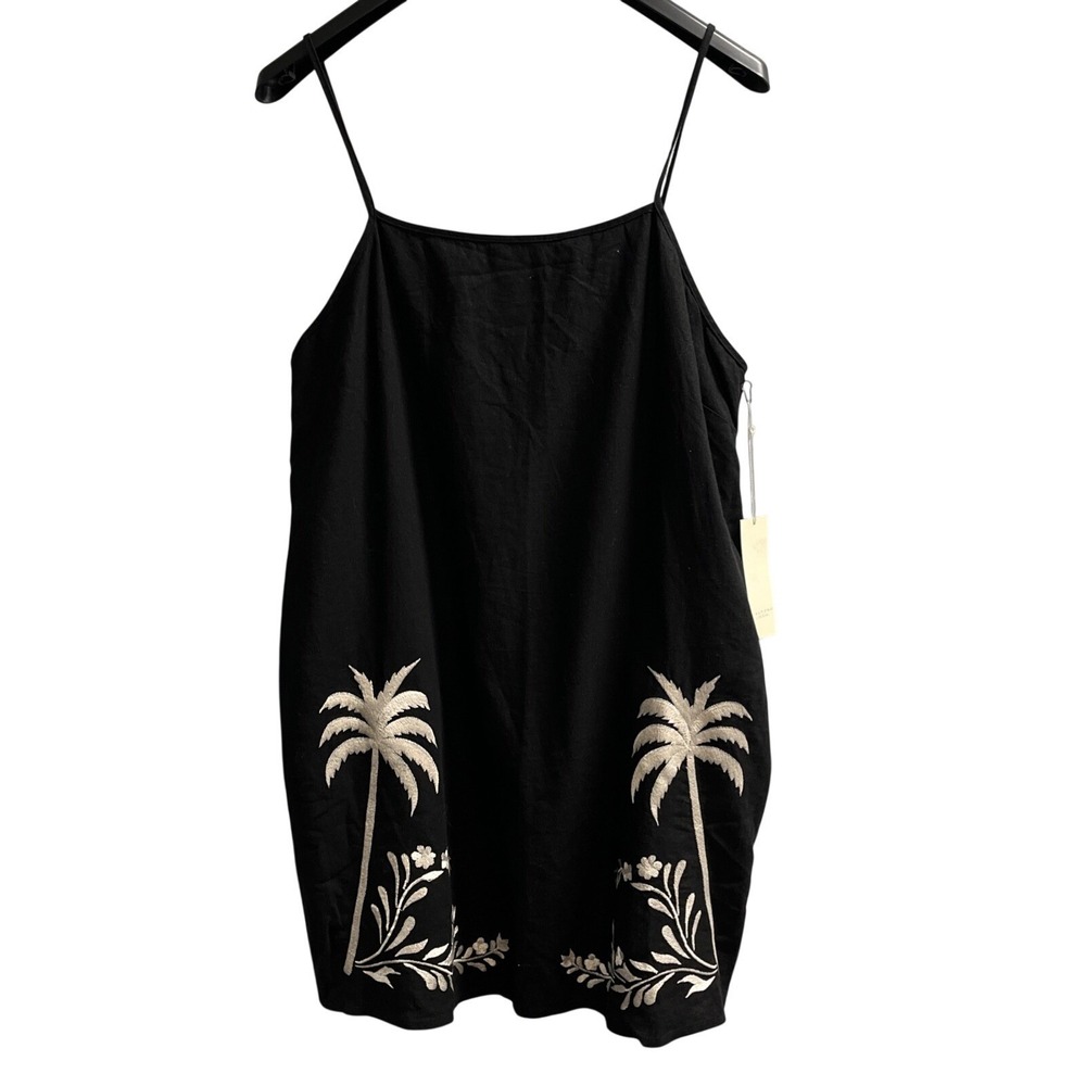 Calypso‎ Dress Black Linen Blend Mini Size XL White Floral Tropical Embroidered